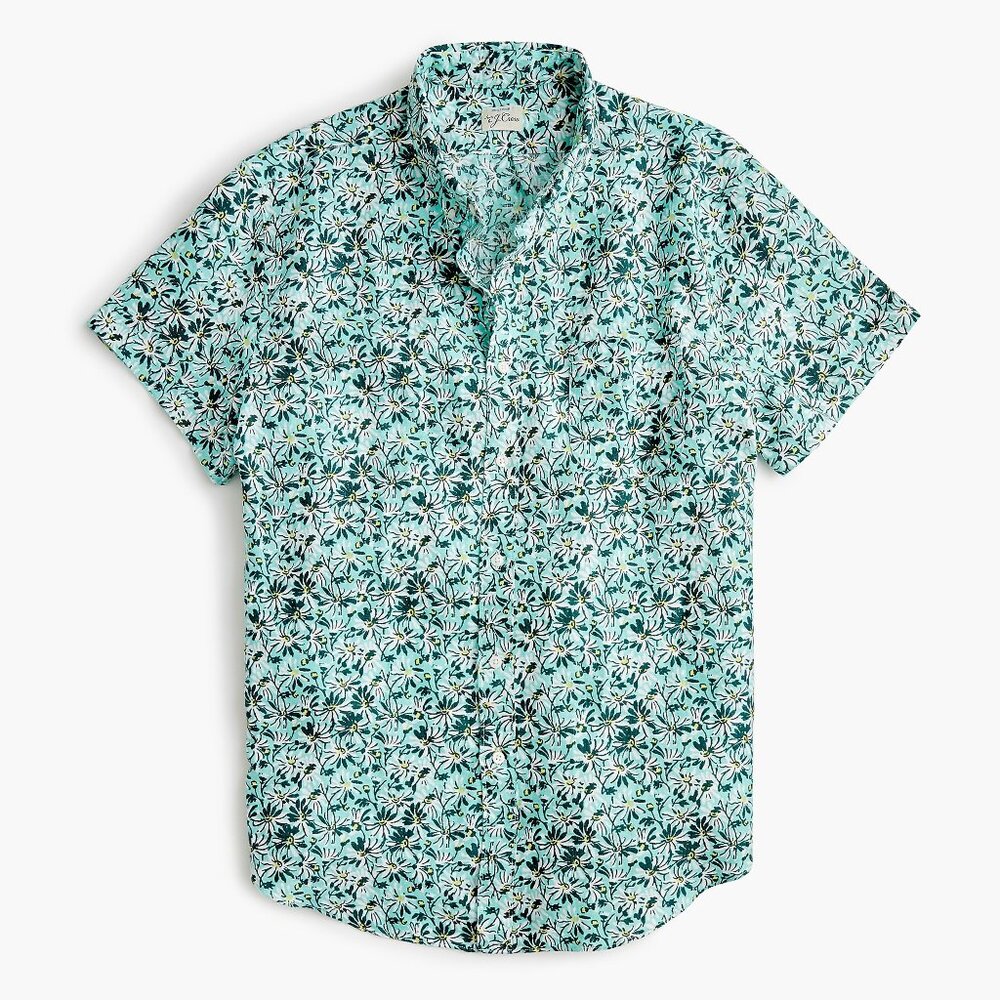 J crew camp shirt men's Large slim short sleeve button down‎ floral linen woven